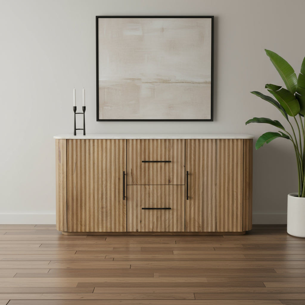 63" Brown And White Solid Wood And Marble Ribbed Texture Sideboard with Two Doors