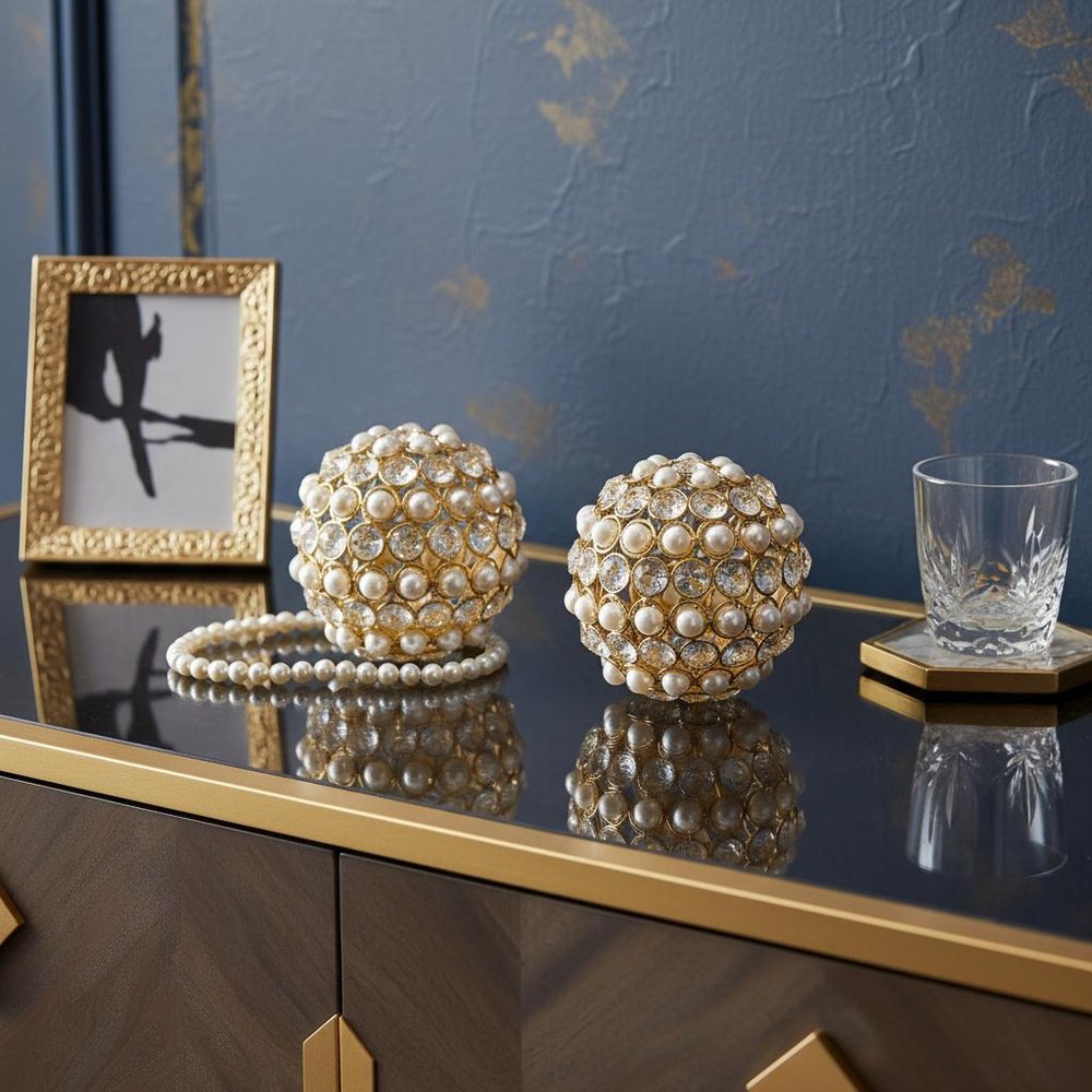 Set of Two Gold Ivory And Pearl Faux Crystal And Metal Decorative Orbs