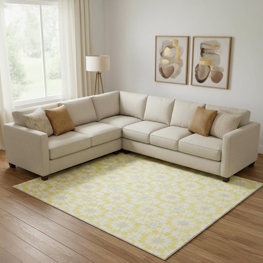 9' X 12' Yellow Ivory And Gray Geometric Washable Area Rug With UV Protection