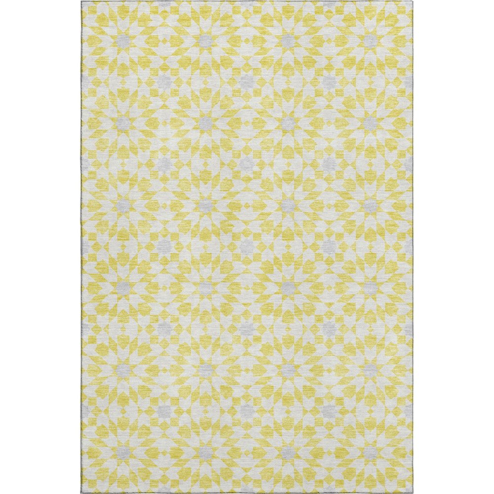 9' X 12' Yellow Ivory And Gray Geometric Washable Area Rug With UV Protection
