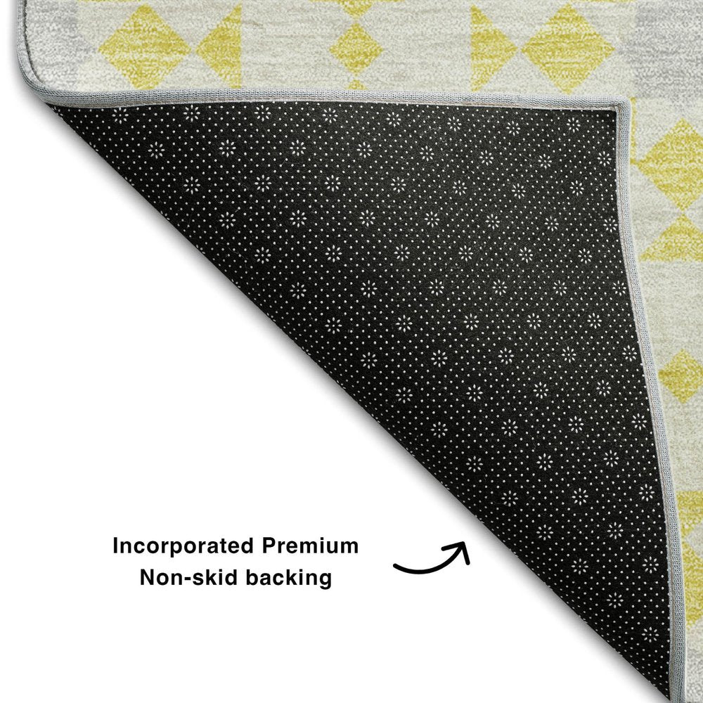 9' X 12' Yellow Ivory And Gray Geometric Washable Area Rug With UV Protection