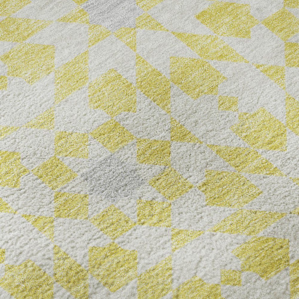 9' X 12' Yellow Ivory And Gray Geometric Washable Area Rug With UV Protection