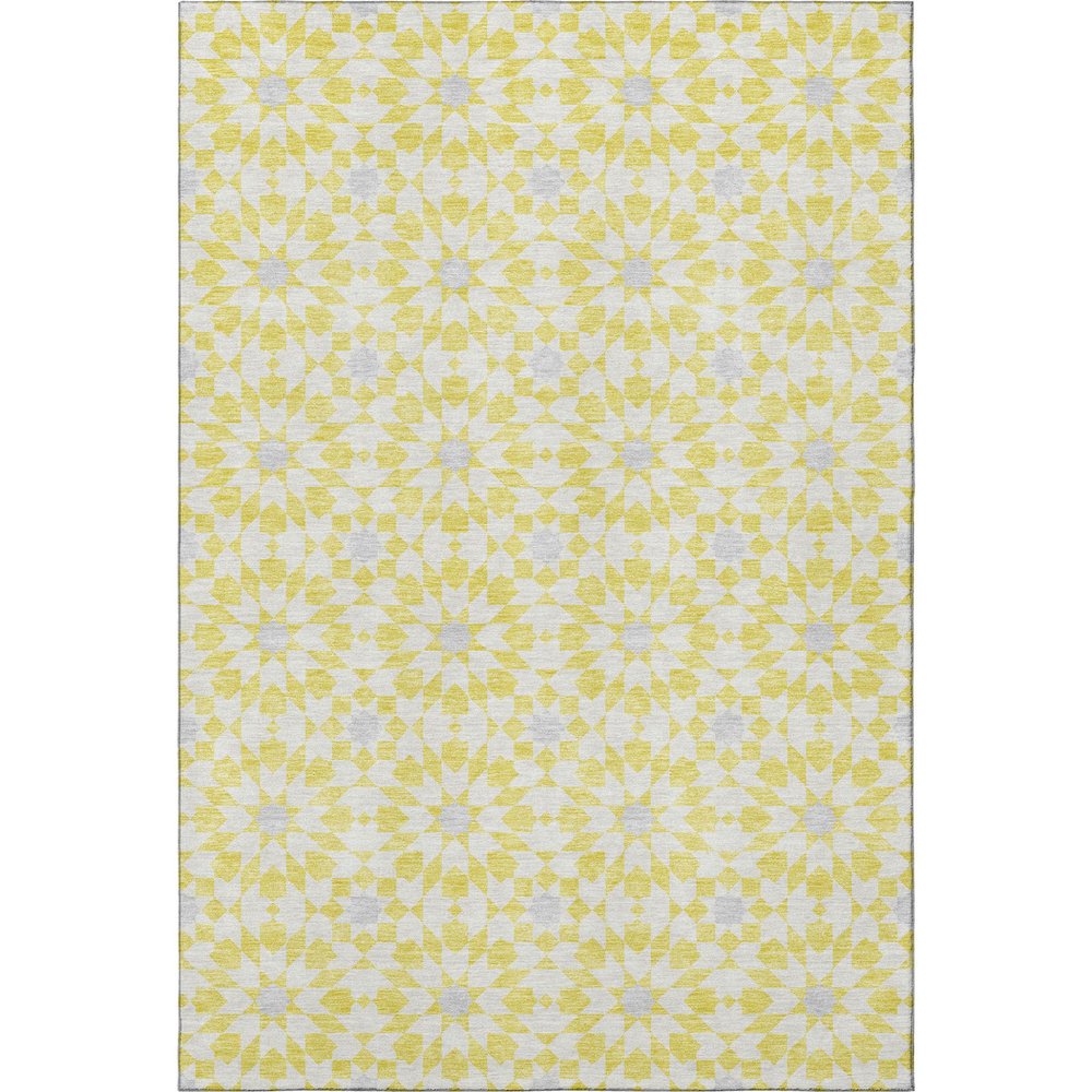 9' X 12' Yellow Ivory And Gray Geometric Washable Area Rug With UV Protection