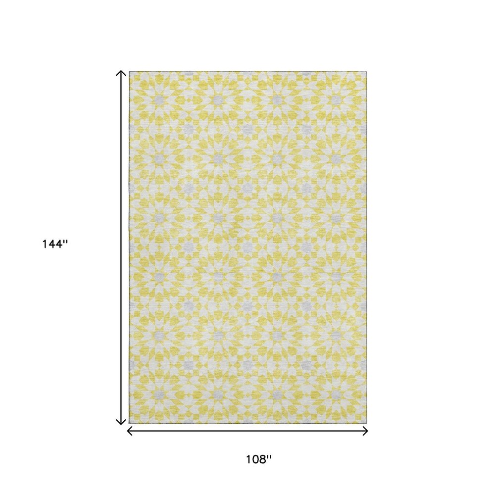 9' X 12' Yellow Ivory And Gray Geometric Washable Area Rug With UV Protection