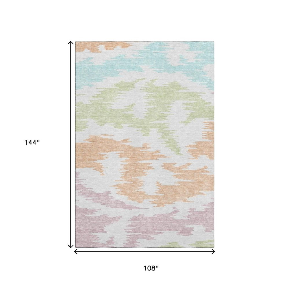 9' X 12' White Sky Blue And Peach Abstract Washable Area Rug With UV Protection