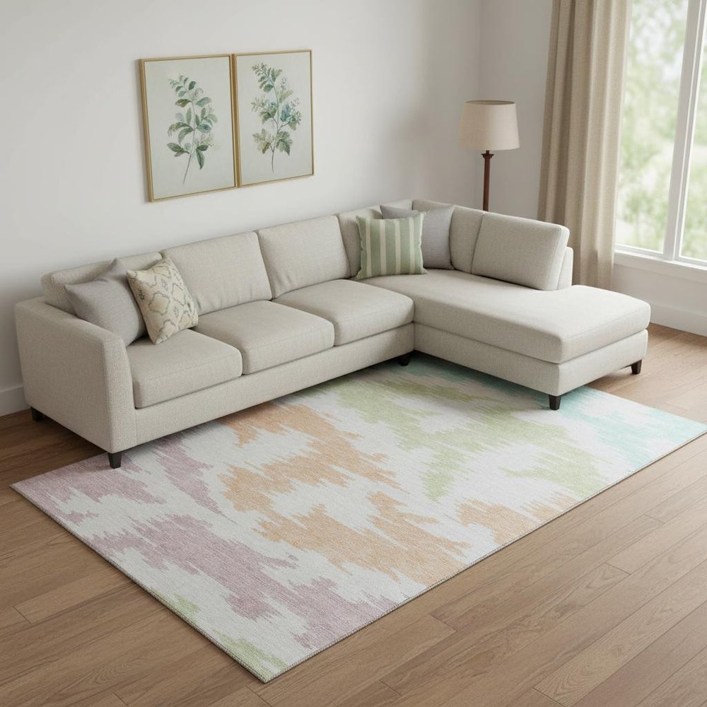 9' X 12' White Sky Blue And Peach Abstract Washable Area Rug With UV Protection