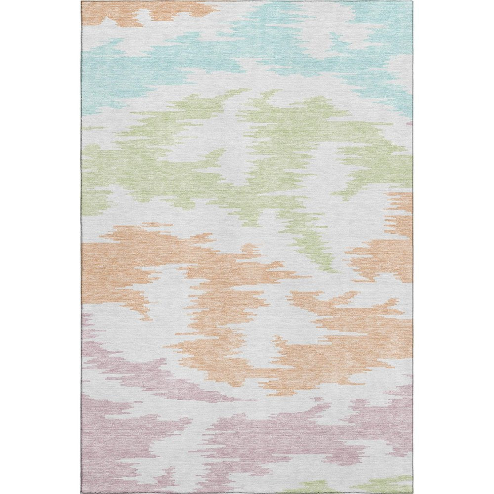 9' X 12' White Sky Blue And Peach Abstract Washable Area Rug With UV Protection