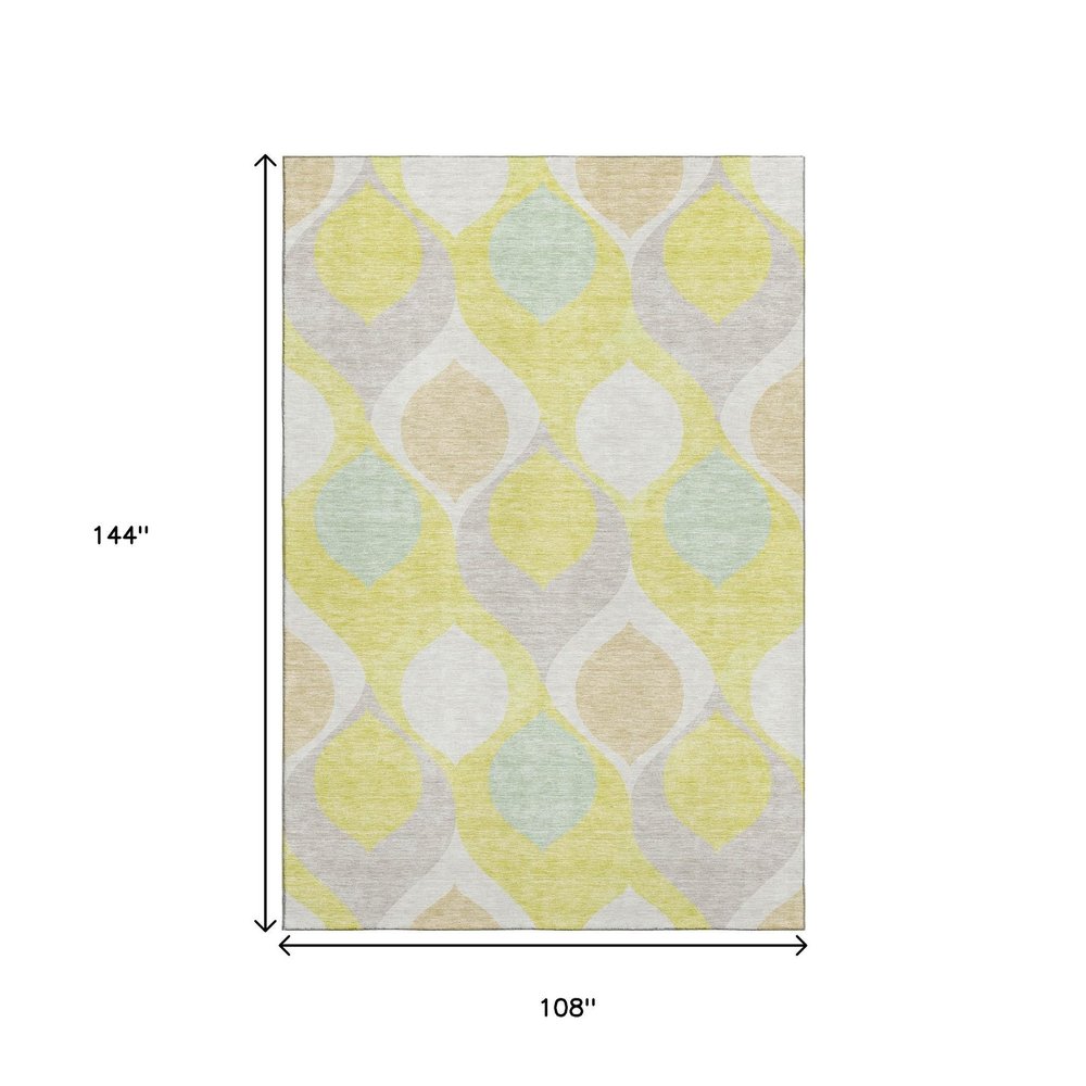 9' X 12' Yellow Ivory And Gray Ogee Washable Area Rug With UV Protection