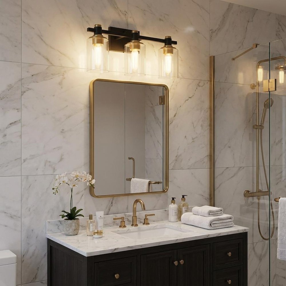 19" Black And Gold Metal and Glass Three Light Bath Bar Vanity Light