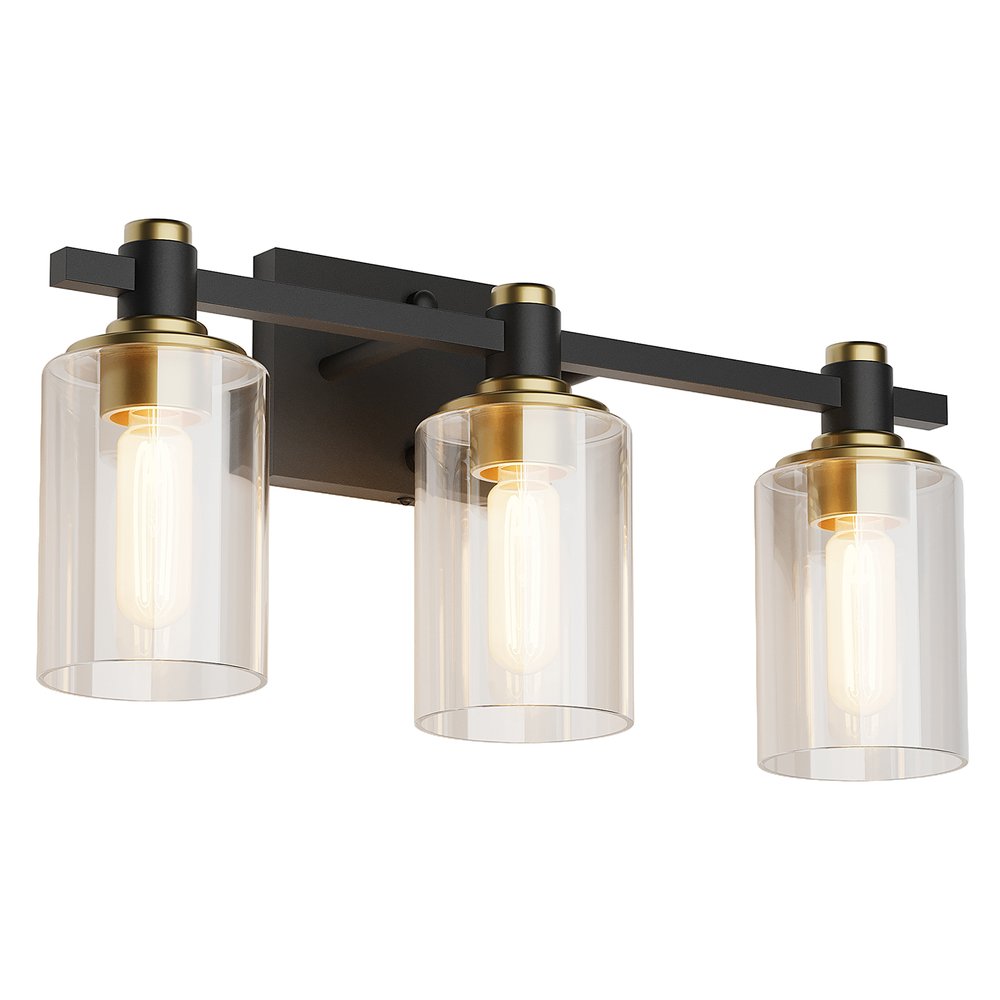 19" Black And Gold Metal and Glass Three Light Bath Bar Vanity Light