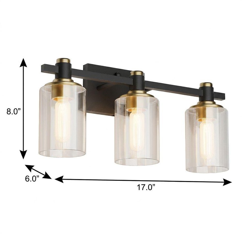 19" Black And Gold Metal and Glass Three Light Bath Bar Vanity Light