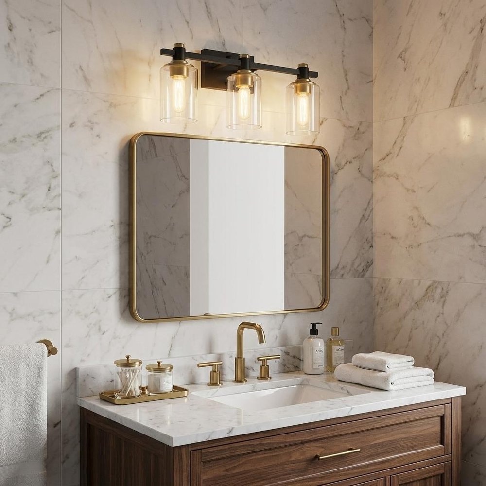 19" Black And Gold Metal and Glass Three Light Bath Bar Vanity Light