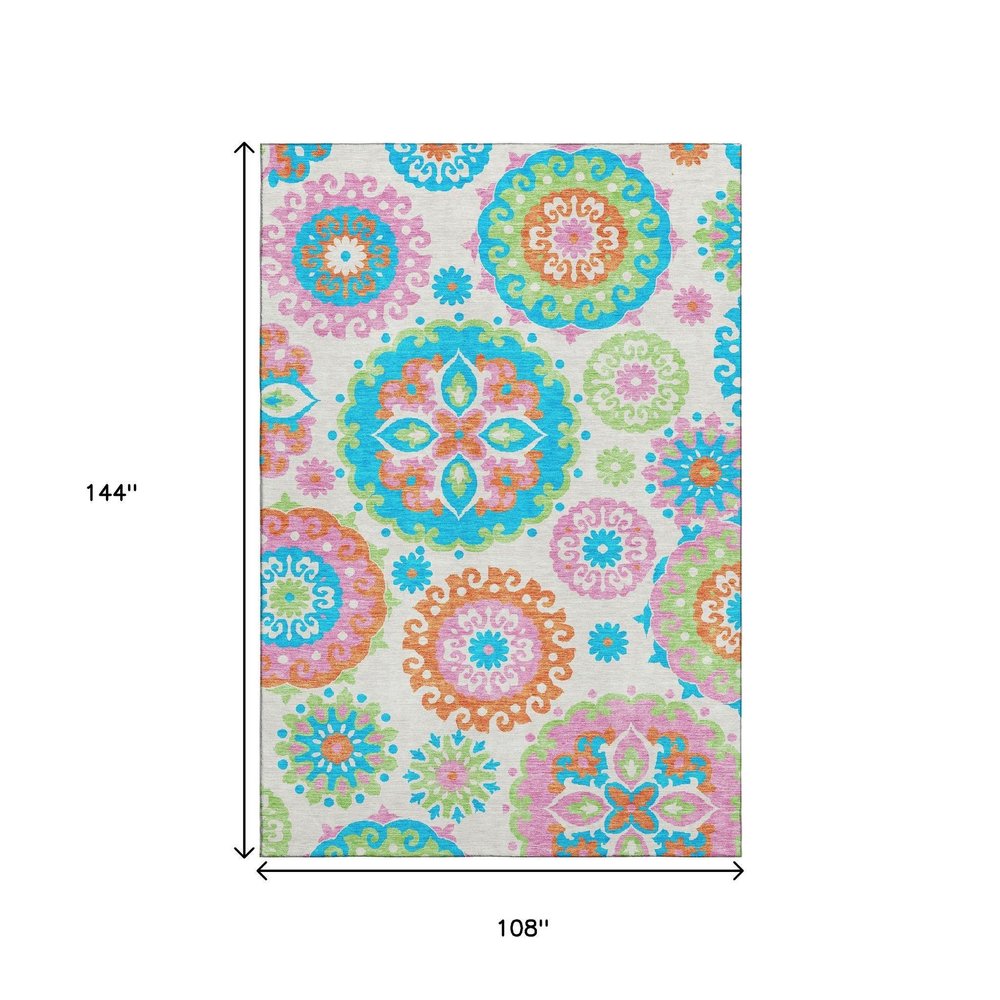 9' X 12' White Orange And Teal Medallion Washable Area Rug With UV Protection