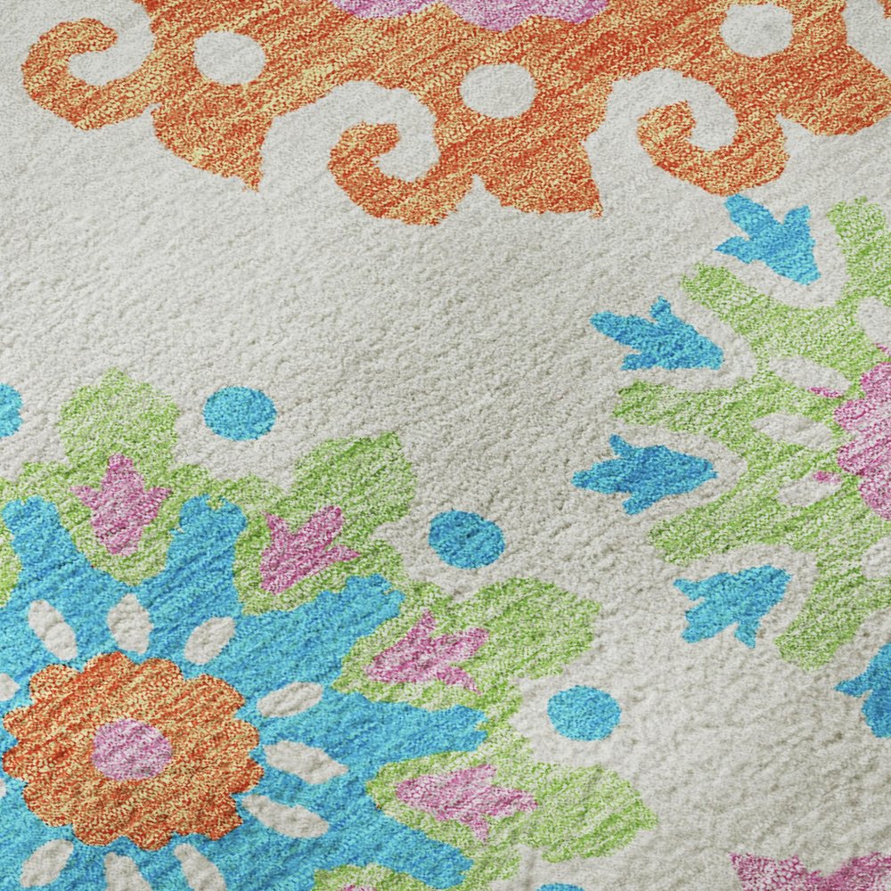 9' X 12' White Orange And Teal Medallion Washable Area Rug With UV Protection