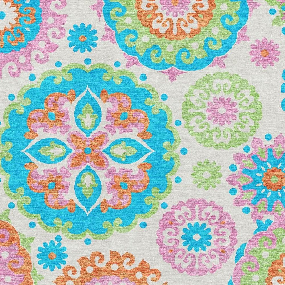 9' X 12' White Orange And Teal Medallion Washable Area Rug With UV Protection
