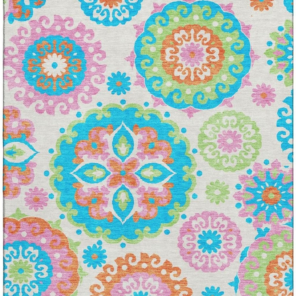 9' X 12' White Orange And Teal Medallion Washable Area Rug With UV Protection