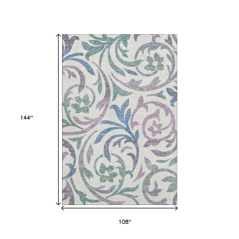 9' X 12' White Sage And Mauve Floral Washable Area Rug With UV Protection