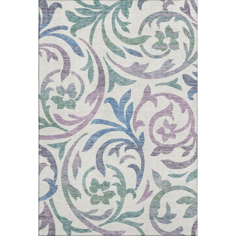 9' X 12' White Sage And Mauve Floral Washable Area Rug With UV Protection