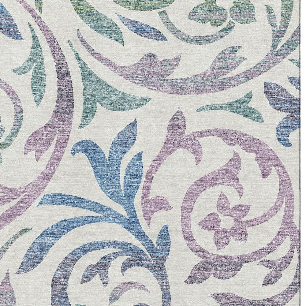 9' X 12' White Sage And Mauve Floral Washable Area Rug With UV Protection
