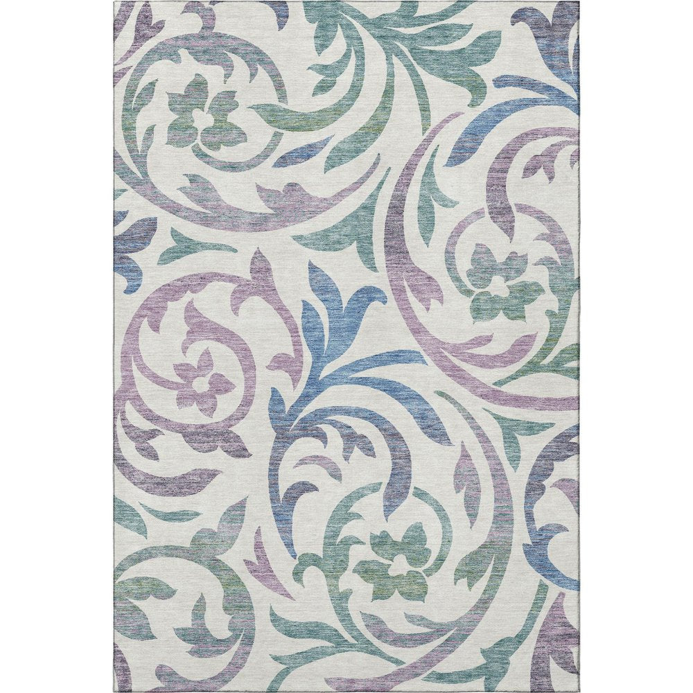 9' X 12' White Sage And Mauve Floral Washable Area Rug With UV Protection