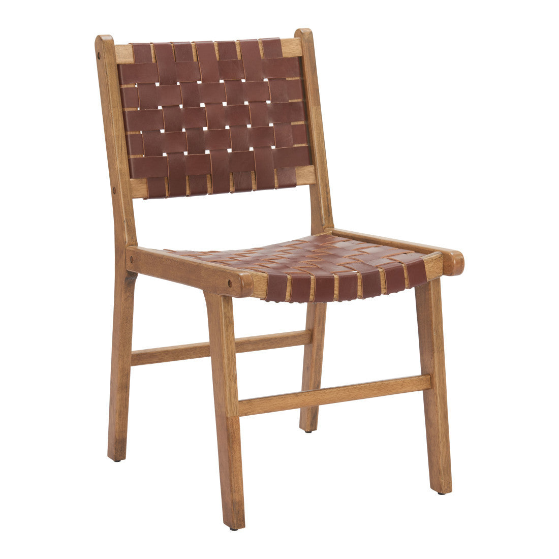 Set of Two Brown Solid Wood and Leather Dining Side Chairs