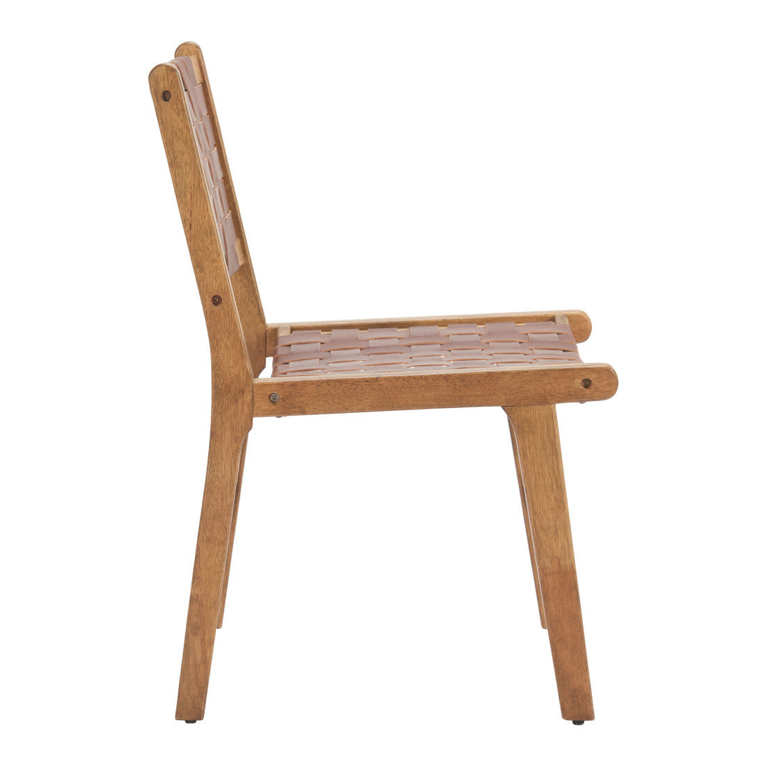 Set of Two Brown Solid Wood and Leather Dining Side Chairs