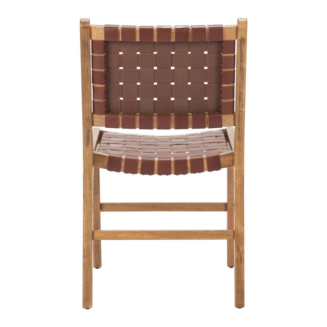 Set of Two Brown Solid Wood and Leather Dining Side Chairs