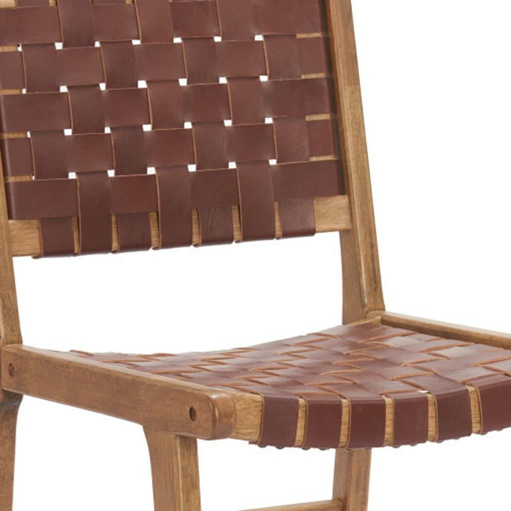 Set of Two Brown Solid Wood and Leather Dining Side Chairs