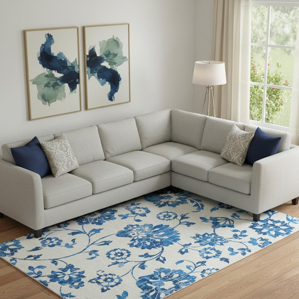 9' X 12' White And Blue Floral Washable Area Rug With UV Protection