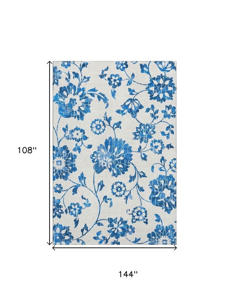 9' X 12' White And Blue Floral Washable Area Rug With UV Protection