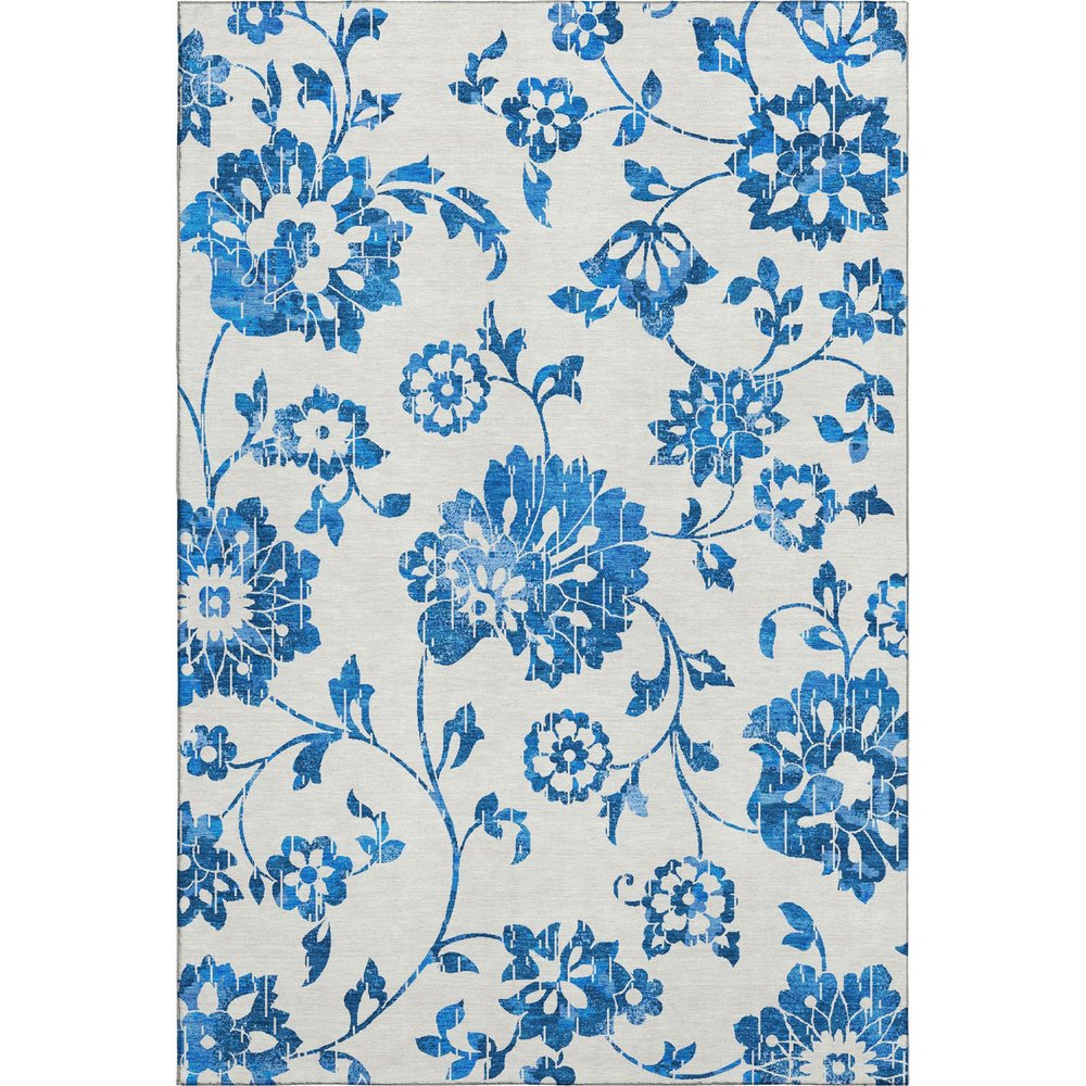 9' X 12' White And Blue Floral Washable Area Rug With UV Protection