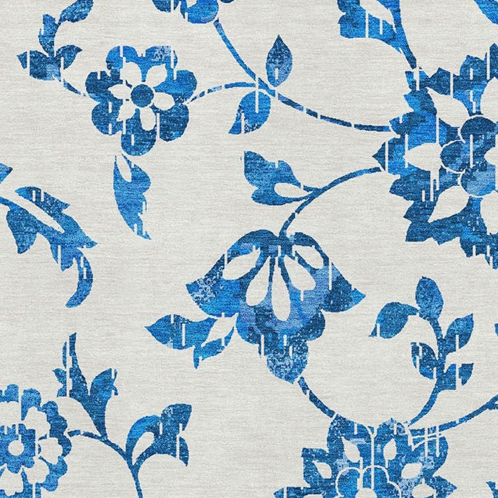 9' X 12' White And Blue Floral Washable Area Rug With UV Protection