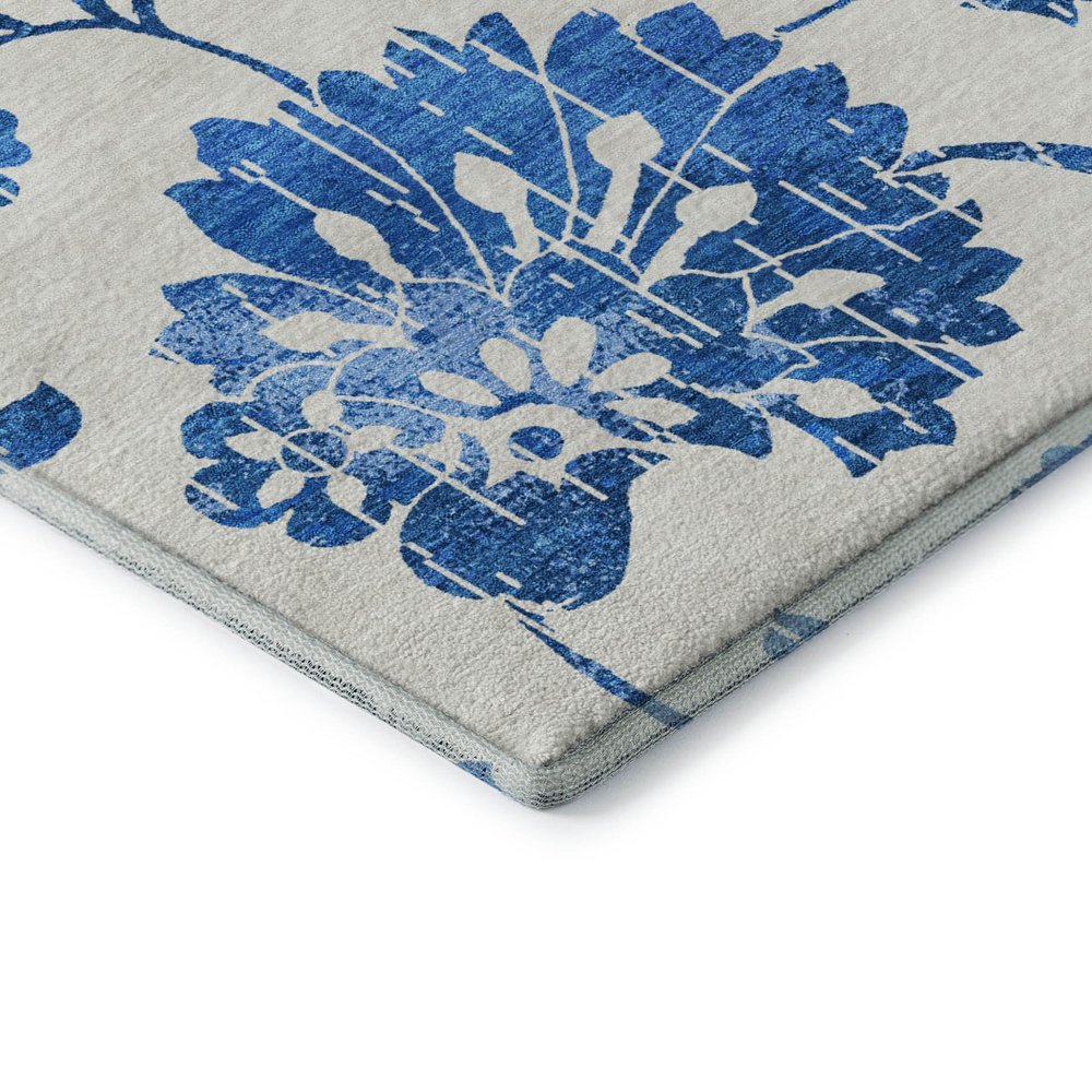 9' X 12' White And Blue Floral Washable Area Rug With UV Protection