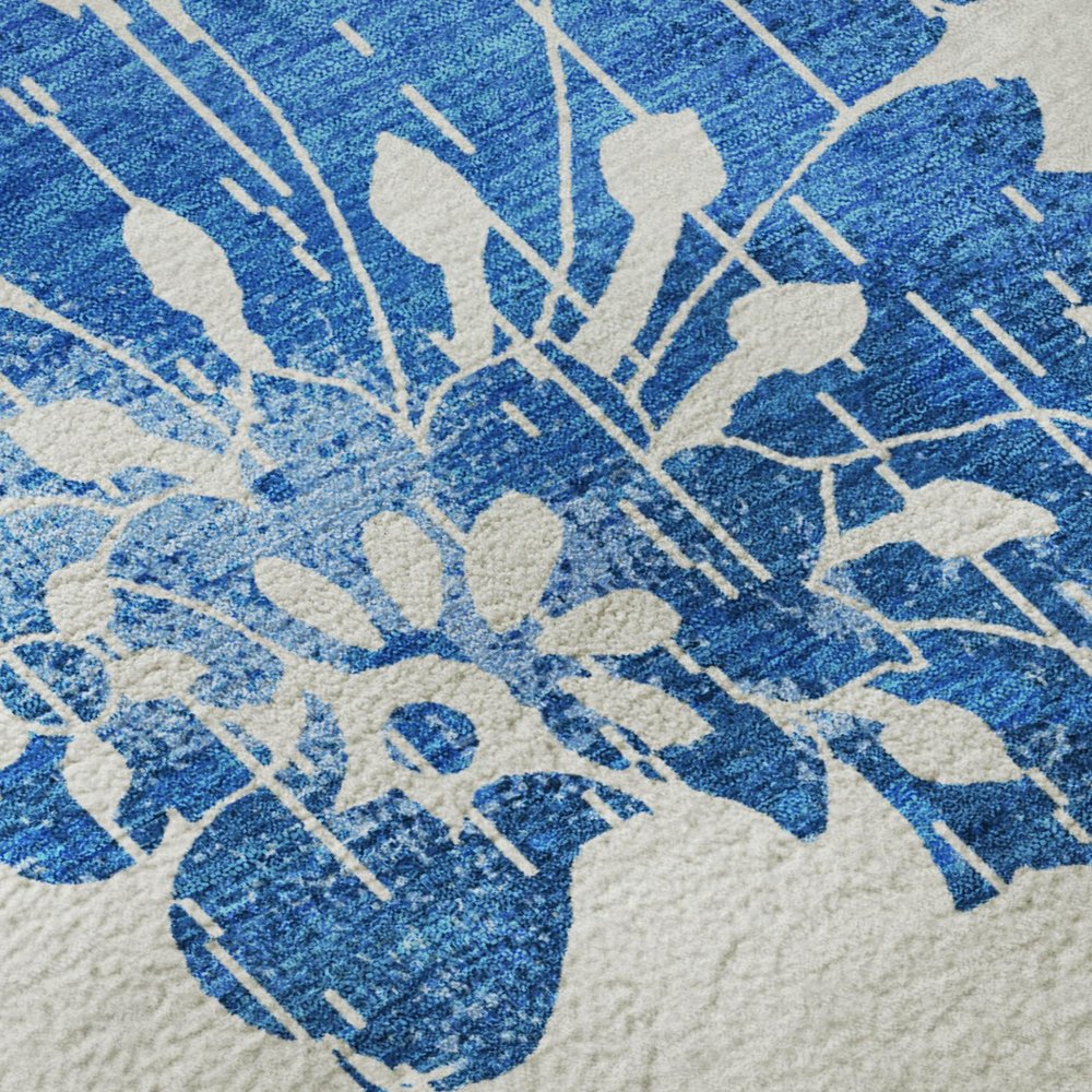 9' X 12' White And Blue Floral Washable Area Rug With UV Protection