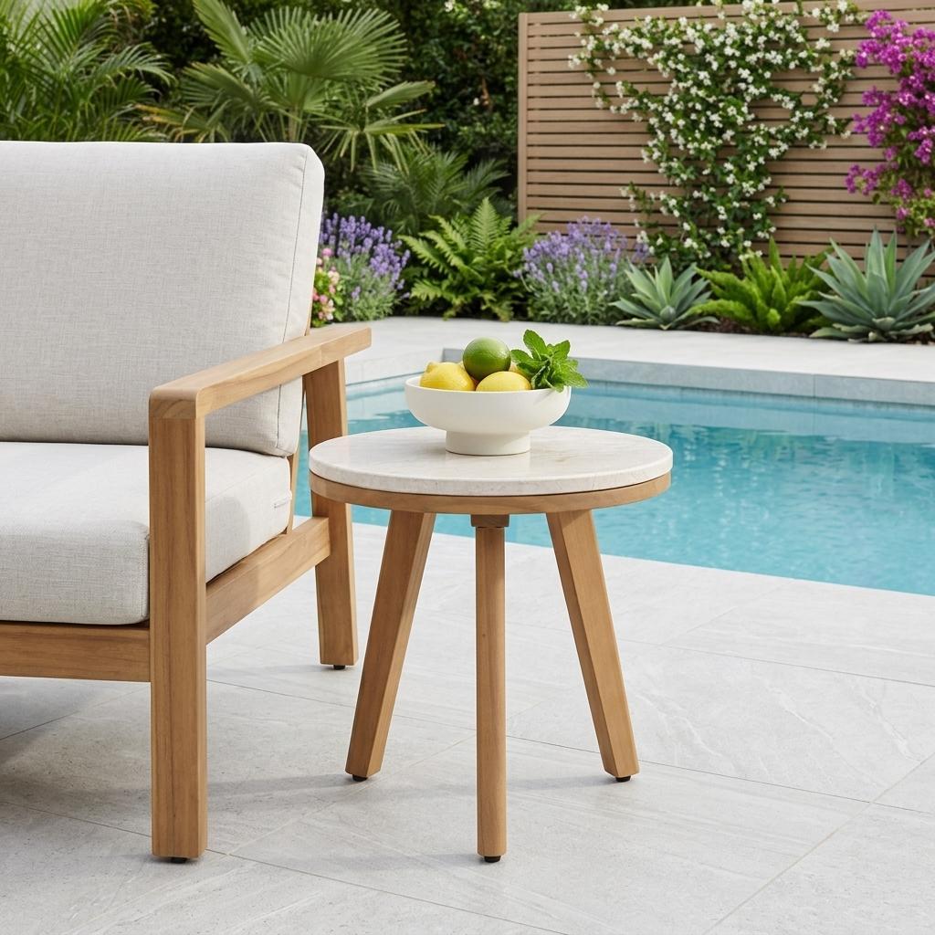 16" Beige and Natural Stone and Solid Wood Round Outdoor Side Table