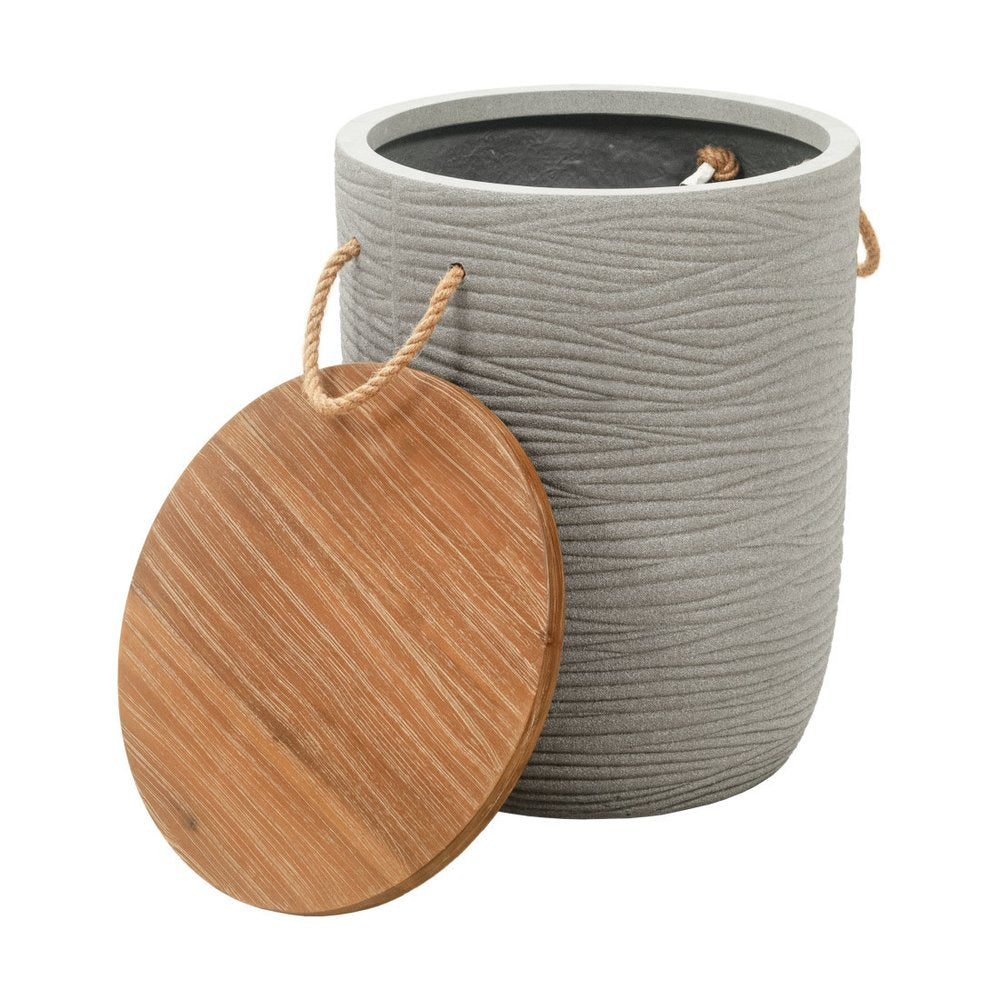 14" Natural and Gray Solid Wood and Faux Concrete Round Outdoor Side Table