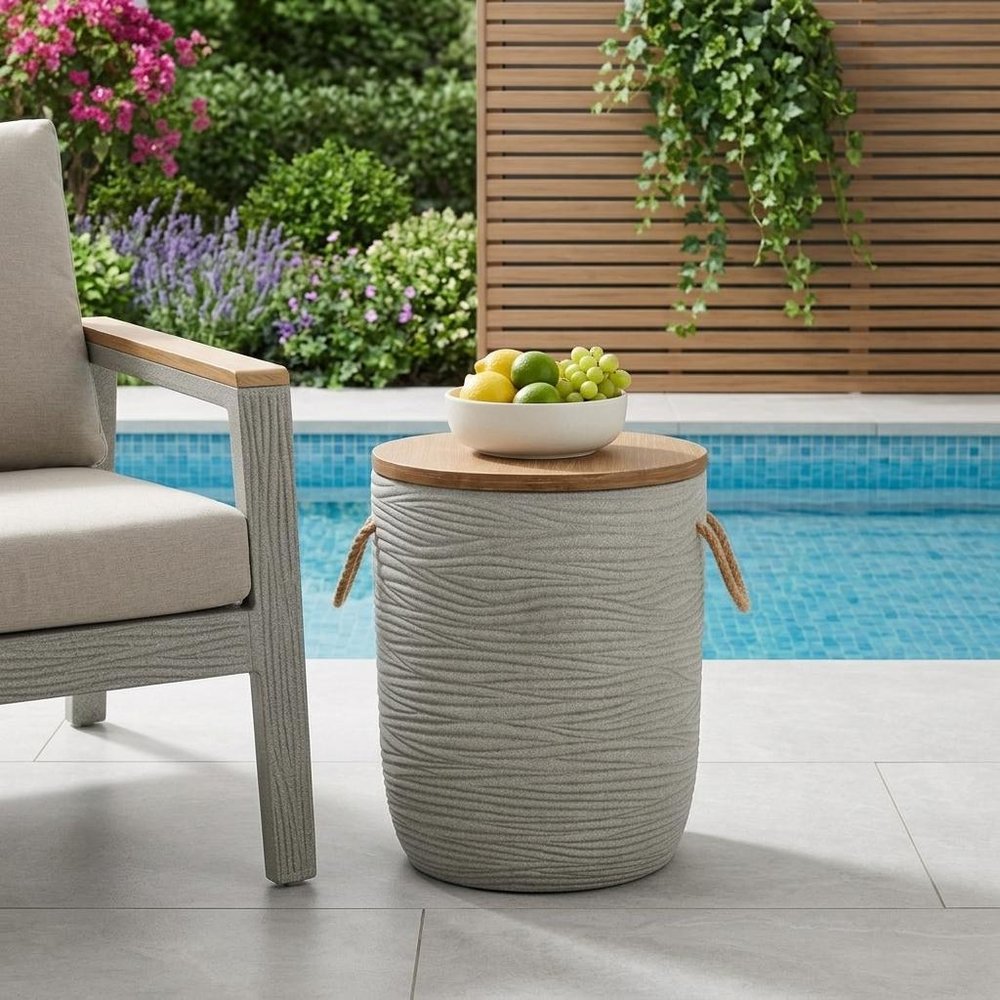14" Natural and Gray Solid Wood and Faux Concrete Round Outdoor Side Table