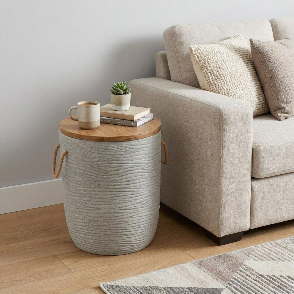 14" Natural and Gray Solid Wood and Faux Concrete Round Outdoor Side Table