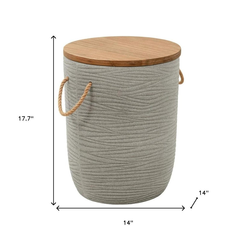 14" Natural and Gray Solid Wood and Faux Concrete Round Outdoor Side Table