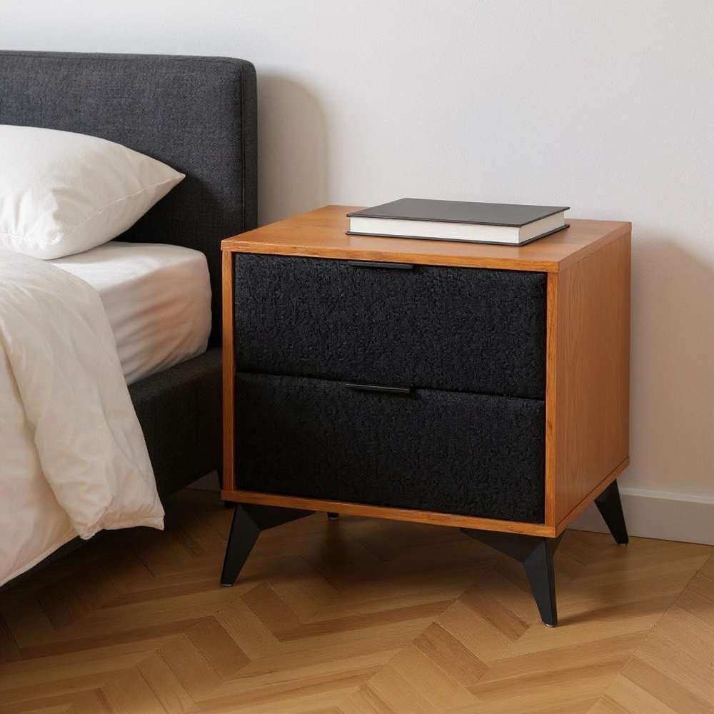 21" Walnut Wood and Steel Two Drawer Nightstand