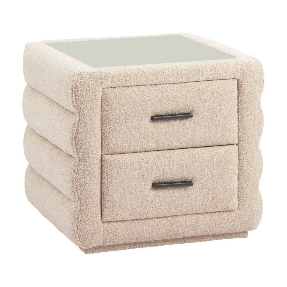 17" Beige Wood Square Woven Texture Two Drawer Nightstand