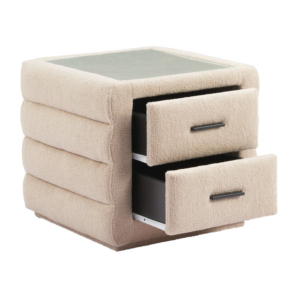 17" Beige Wood Square Woven Texture Two Drawer Nightstand