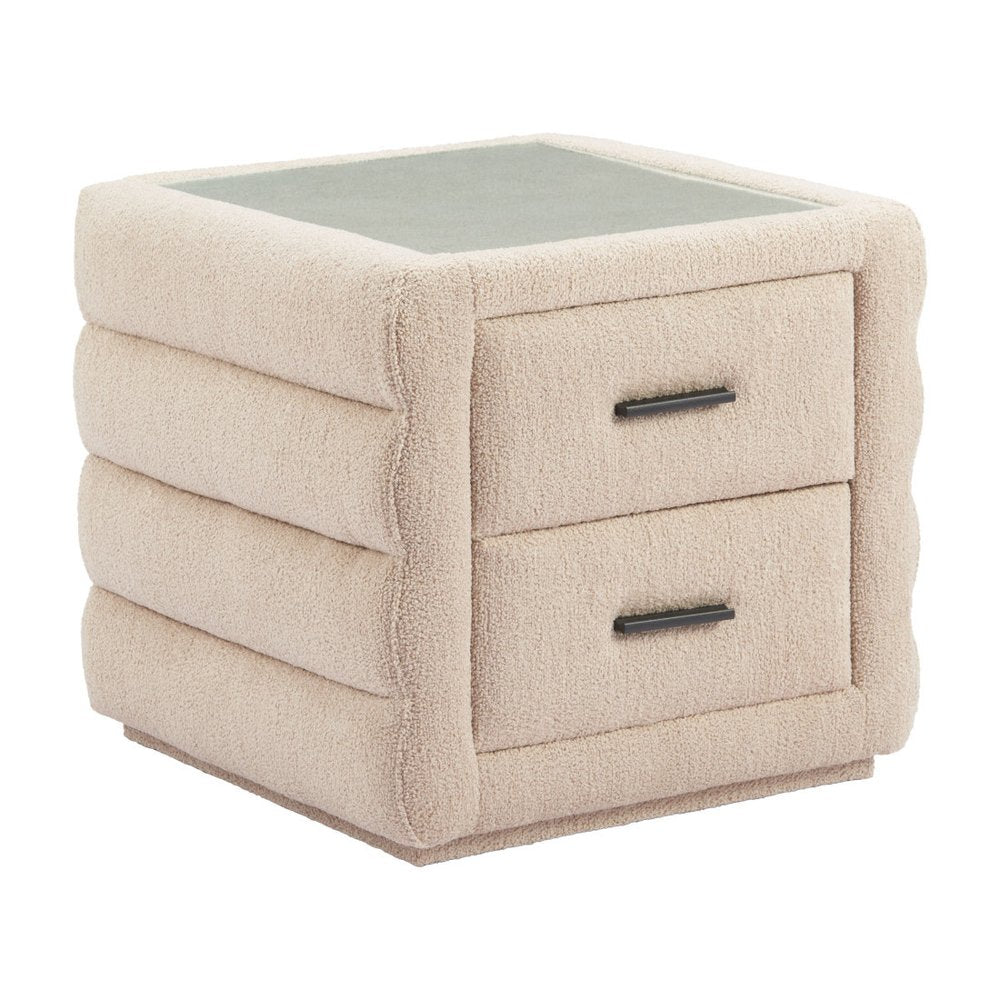 17" Beige Wood Square Woven Texture Two Drawer Nightstand