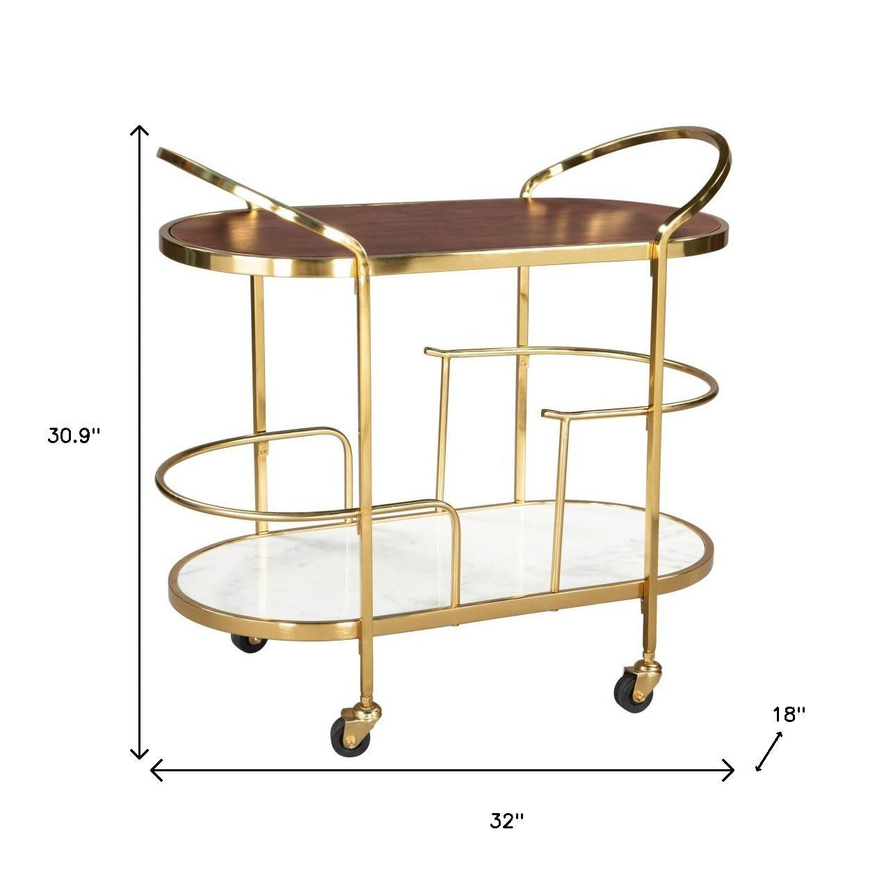 32" Brown Gold And White Iron Solid Wood and Marble Oval Rolling Bar Cart