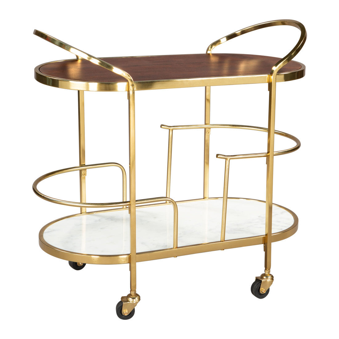 32" Brown Gold And White Iron Solid Wood and Marble Oval Rolling Bar Cart