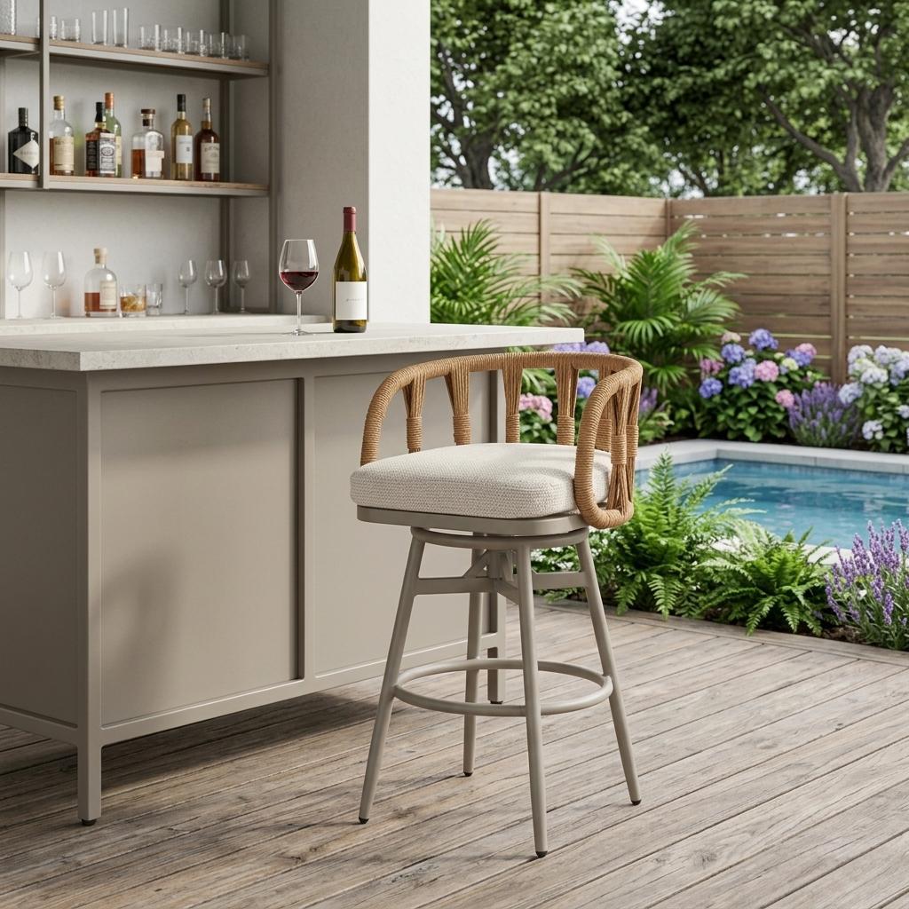 30" Gray Natural and White Aluminum And Faux Rattan Swivel Bar Height Chair