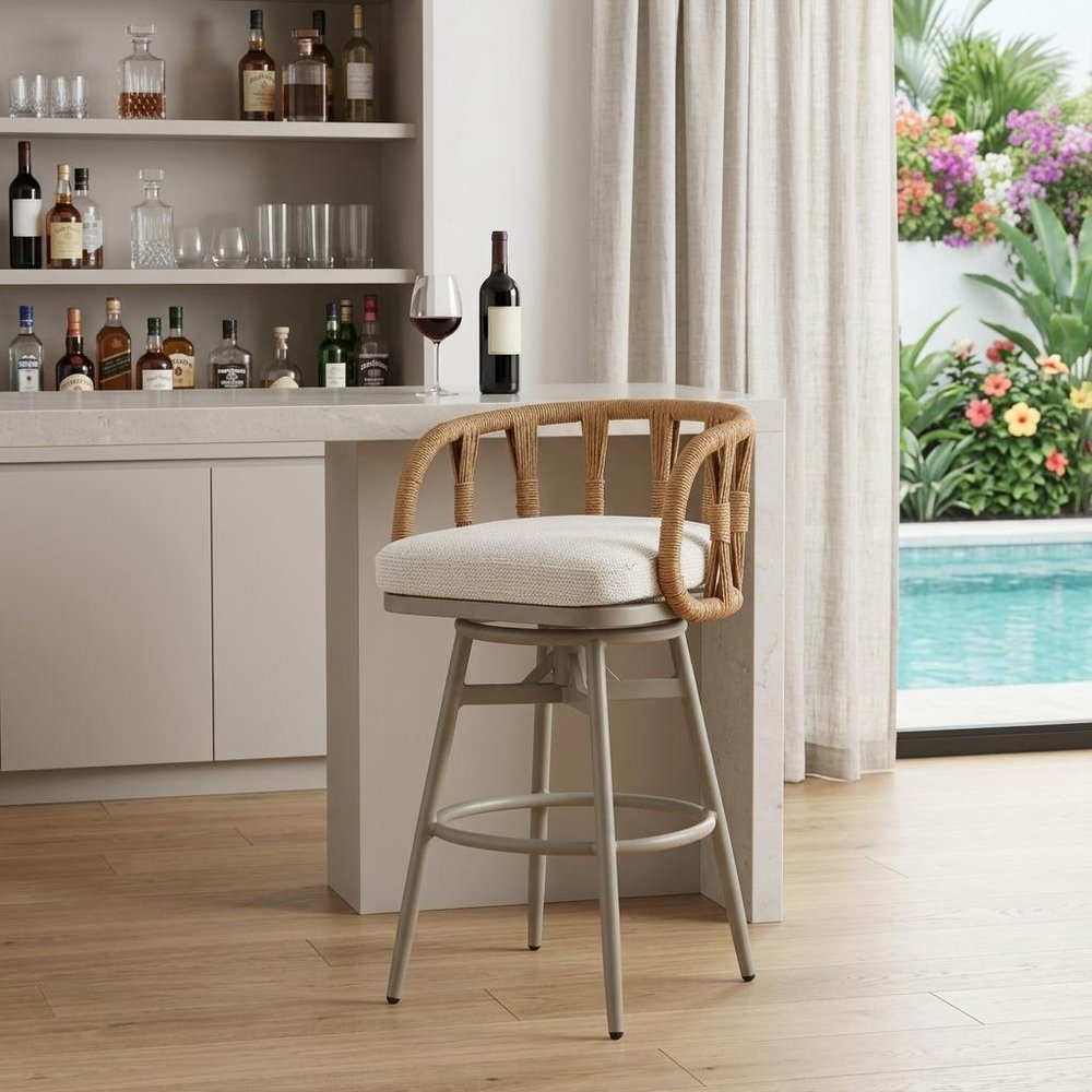 30" Gray Natural and White Aluminum And Faux Rattan Swivel Bar Height Chair