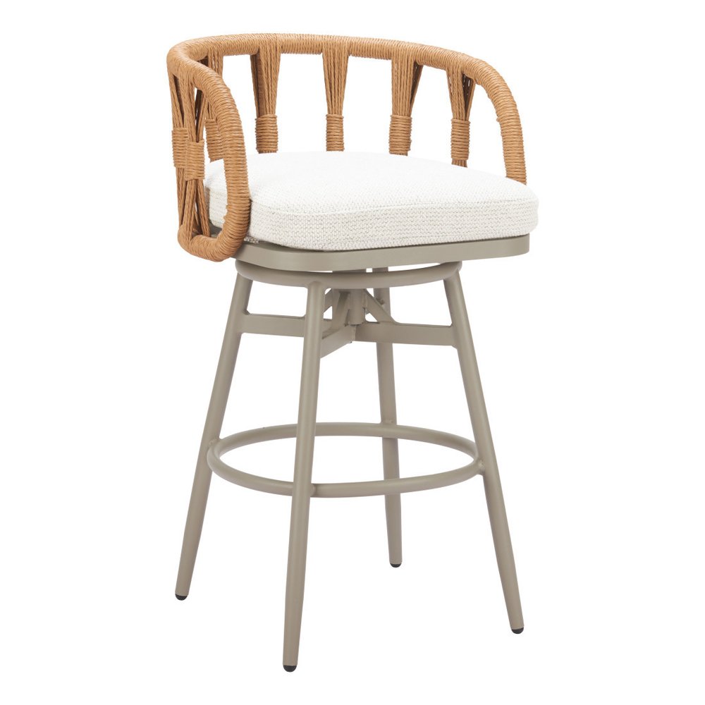 30" Gray Natural and White Aluminum And Faux Rattan Swivel Bar Height Chair