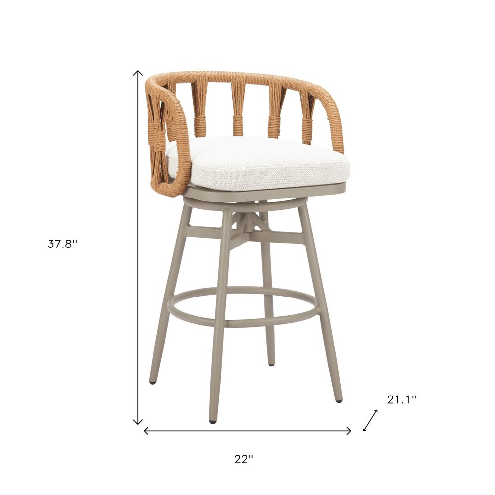 30" Gray Natural and White Aluminum And Faux Rattan Swivel Bar Height Chair