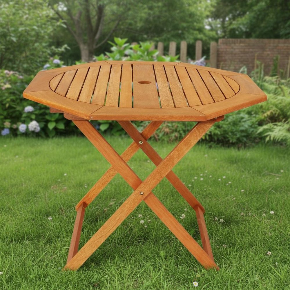 36" Brown Octagonal Solid Wood Folding Outdoor Dining Table with Umbrella Hole